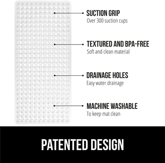 GORILLA GRIP Patented Bath Tub Shower Mat, 2 Pack, Machine Washable Bathtub Floor Liner Mats, Suction Cups and Drain Holes to Keep Tubs Clean, Soft on Feet, Bathroom Essentials, 35x16 Inch, Clear