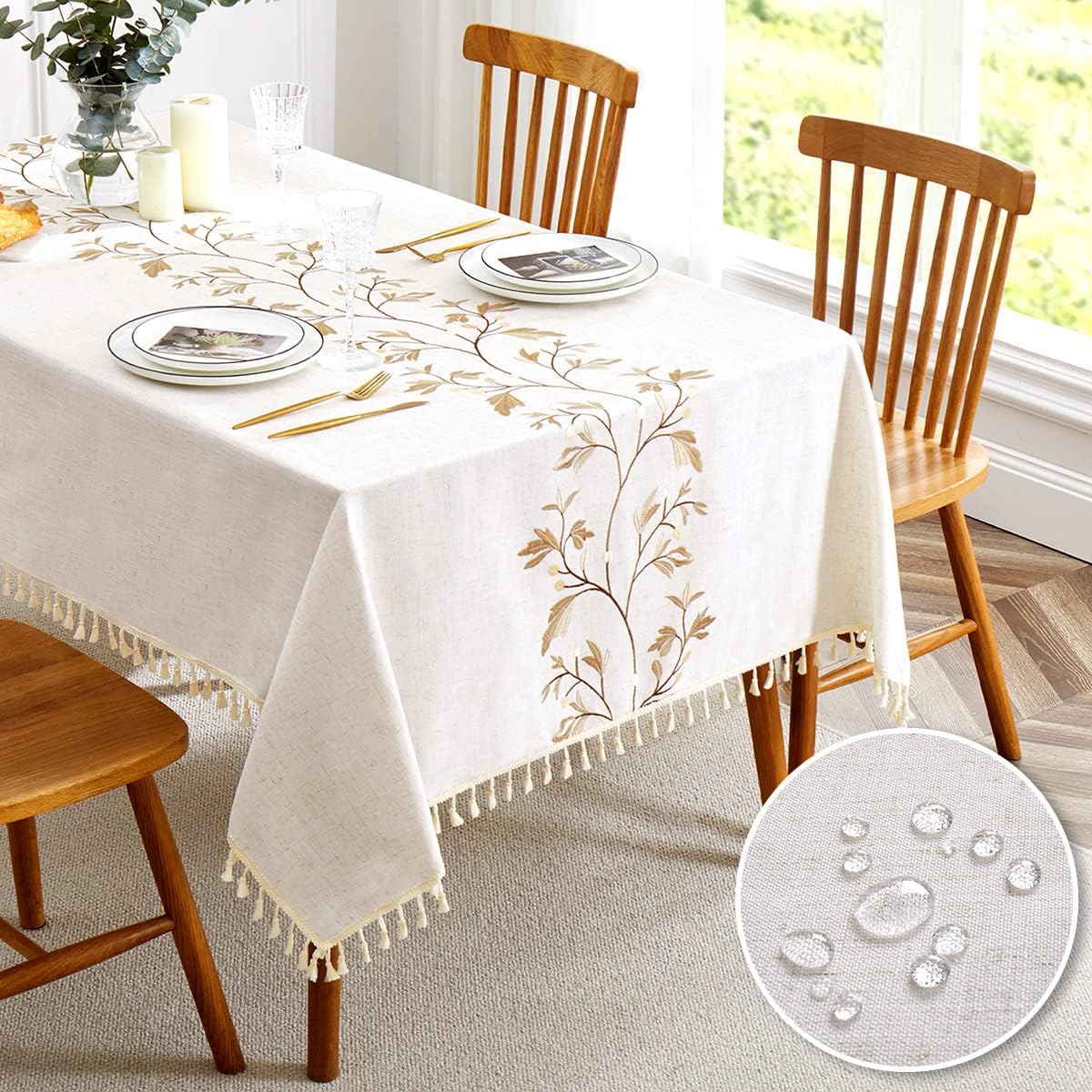 QIANQUHUI Embroidered Tablecloth for Dining Table,Dust Proof Spillproof Soil Resistant Cotton Linen Rectangle Table Cloths (Coffee, Rectangle/Oblong, 55'x102'', 8-10 Seats)