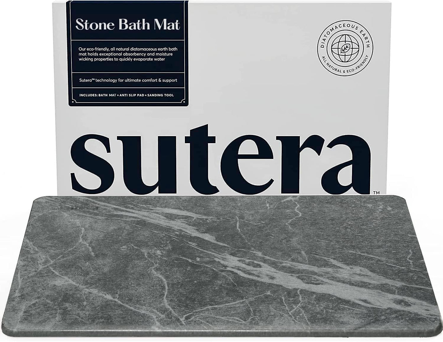 SUTERA Diatomaceous Stone Bathmat | Ultra-Absorbent, Quick-Drying Bath Mat | Slip-Resistant Surface for Safer Bathrooms | Charcoal Grey Finish | 23.5" x 15" (1 Pack)