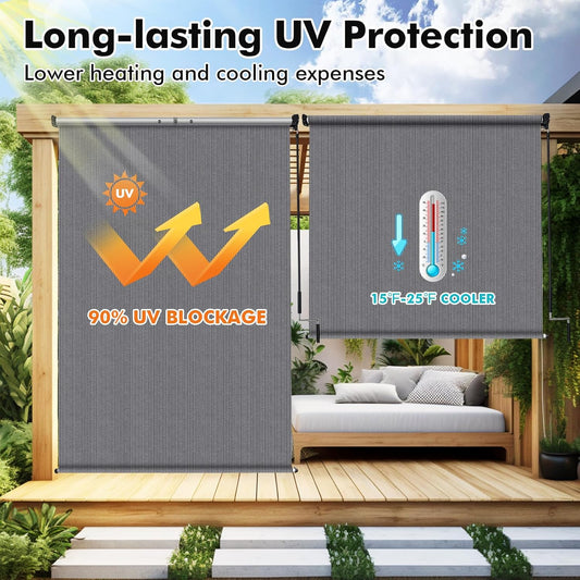 Artpuch Outdoor Roller Shade 6' W x 8' H, Gray Exterior Cordless Patio Shades Roll Up Blinds with Spliced Pole Design, (2 Poles, One-Piece Fabric)