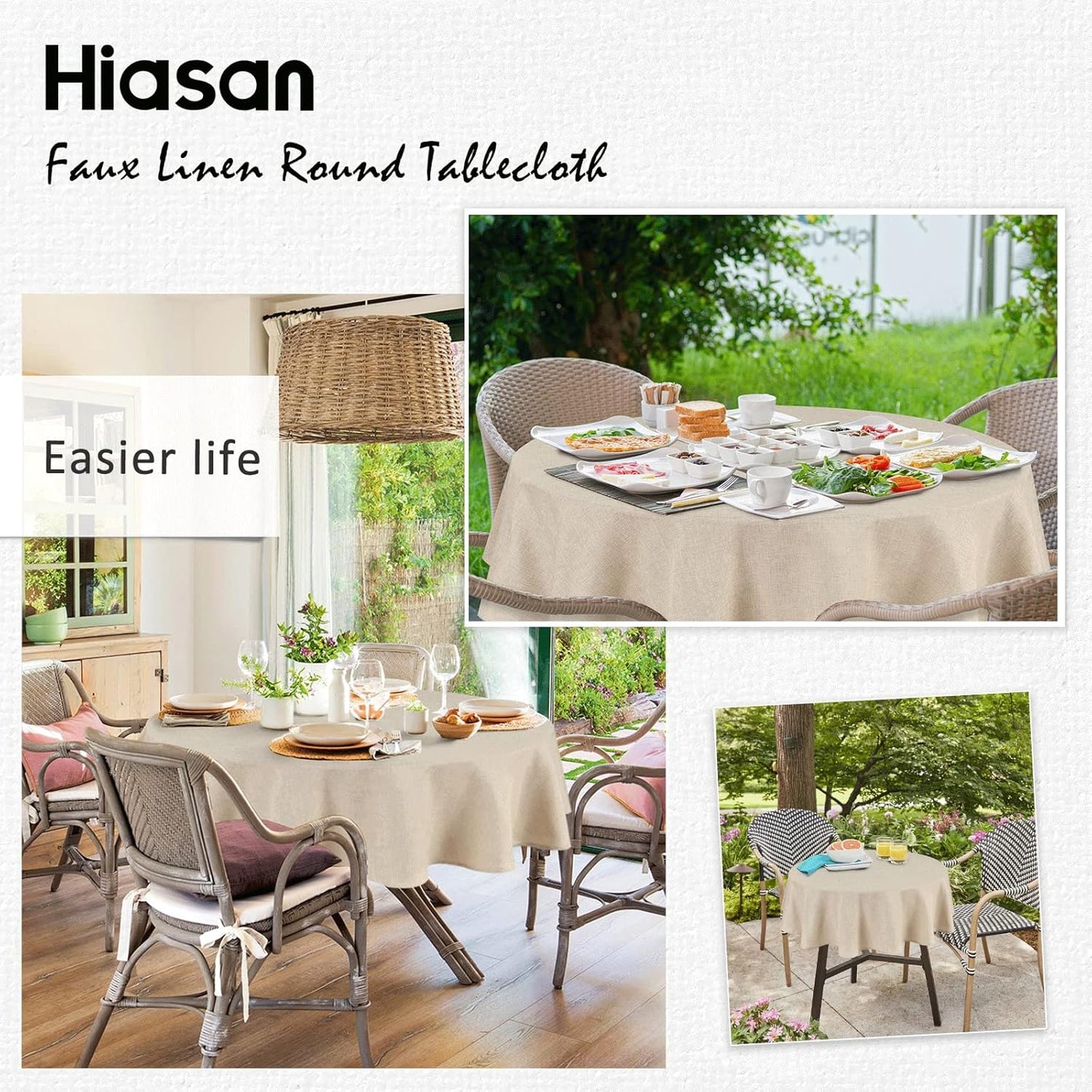 Hiasan Round Linen Tablecloth 120 Inch - Wrinkle and Stain Resistant Washable Polyester Fabric Table Cloth for Dining Room Kitchen Party, Beige