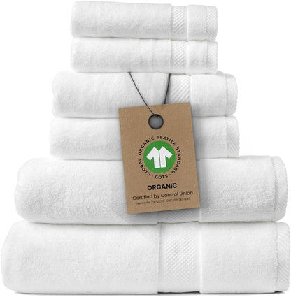 100% Organic Zero-Twist Cotton Towels - GOTS Certified Luxury Bath Towels - Ultra Soft & Plush 700GSM Long-Staple Cotton - 6 Piece Towel Set (White)