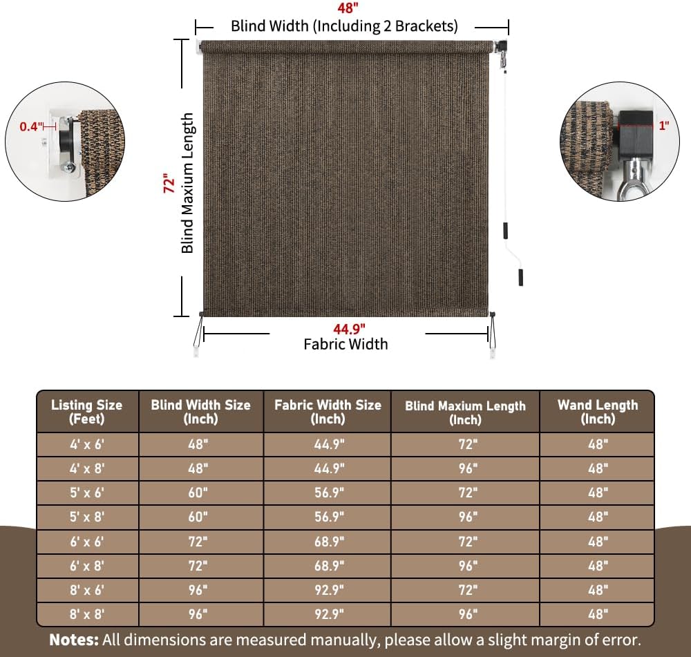 Outdoor Roller Shade 4' W x 6' L Cordless Patio Shades Roll Up Outdoors Blinds with UV Protection, Exterior Roller Shades Cloth for Porch Pergola, Mocha