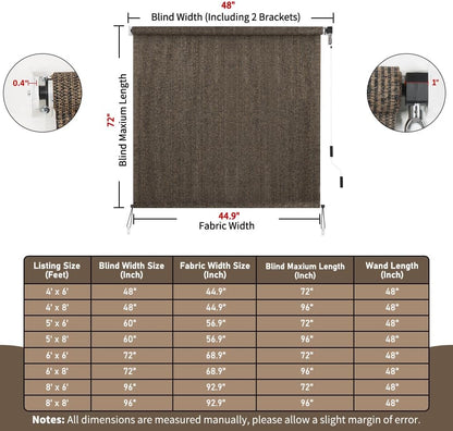 Outdoor Roller Shade 4' W x 6' L Cordless Patio Shades Roll Up Outdoors Blinds with UV Protection, Exterior Roller Shades Cloth for Porch Pergola, Mocha