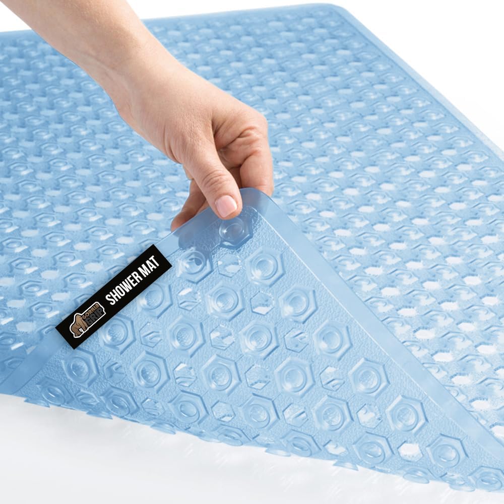GORILLA GRIP Patented Bath Tub Shower Mat, 2 Pack, Machine Washable Bathtub Floor Liner Mats, Suction Cups and Drain Holes to Keep Tubs Clean, Soft on Feet, Bathroom Essentials, 35x16 Inch, Clear