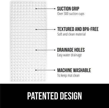 GORILLA GRIP Patented Bath Tub Shower Mat, 2 Pack, Machine Washable Bathtub Floor Liner Mats, Suction Cups and Drain Holes to Keep Tubs Clean, Soft on Feet, Bathroom Essentials, 35x16 Inch, Clear