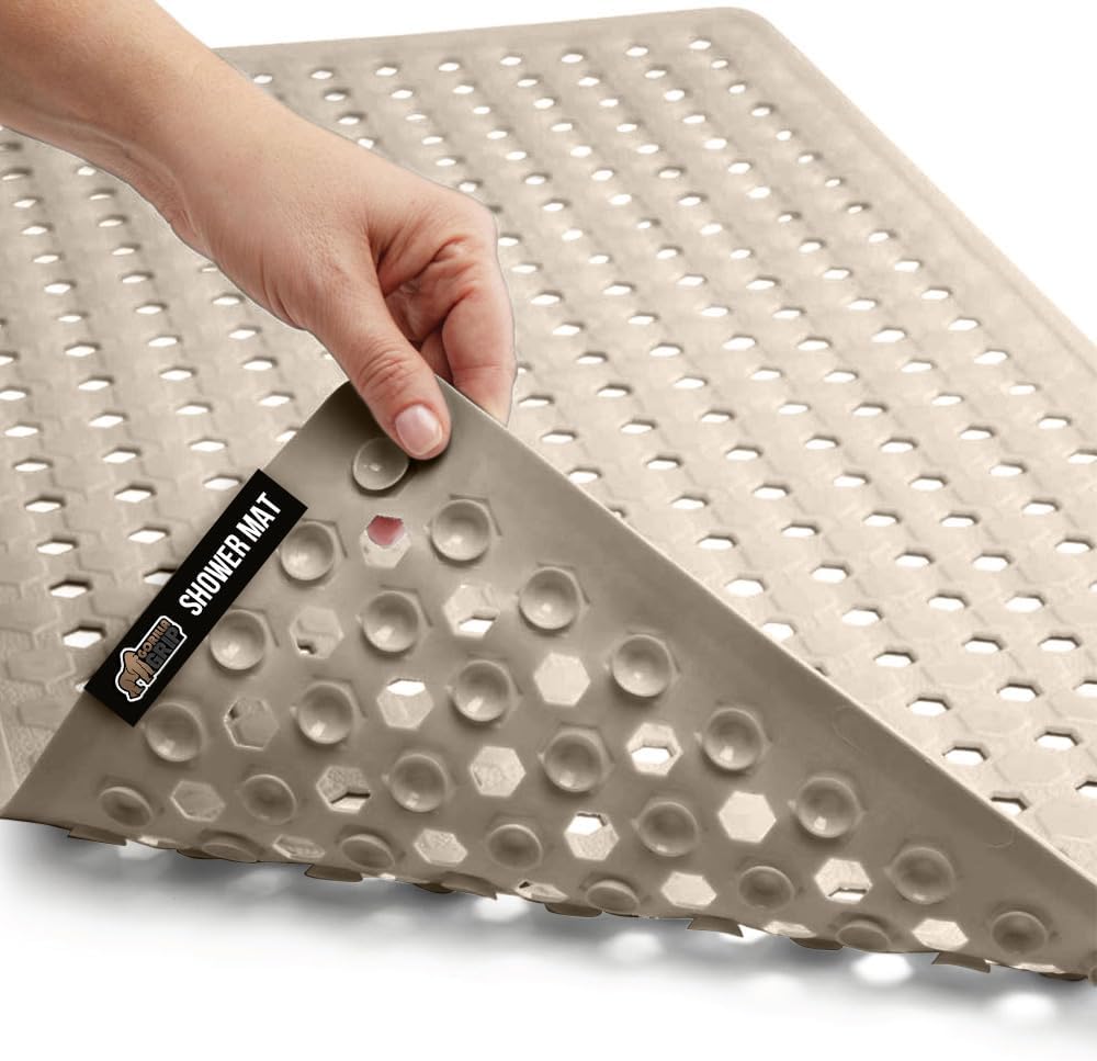 GORILLA GRIP Patented Bath Tub Shower Mat, 2 Pack, Machine Washable Bathtub Floor Liner Mats, Suction Cups and Drain Holes to Keep Tubs Clean, Soft on Feet, Bathroom Essentials, 35x16 Inch, Clear