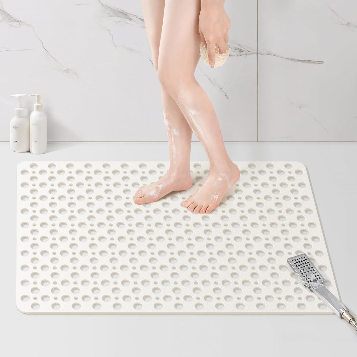 Yolife Extra Large Shower Mat 47x32 inch, Non Slip Shower Mat for Inside Shower with Drain Holes and Suction Cups for Bathroom, No Odor TPE Shower Floor Mat,White
