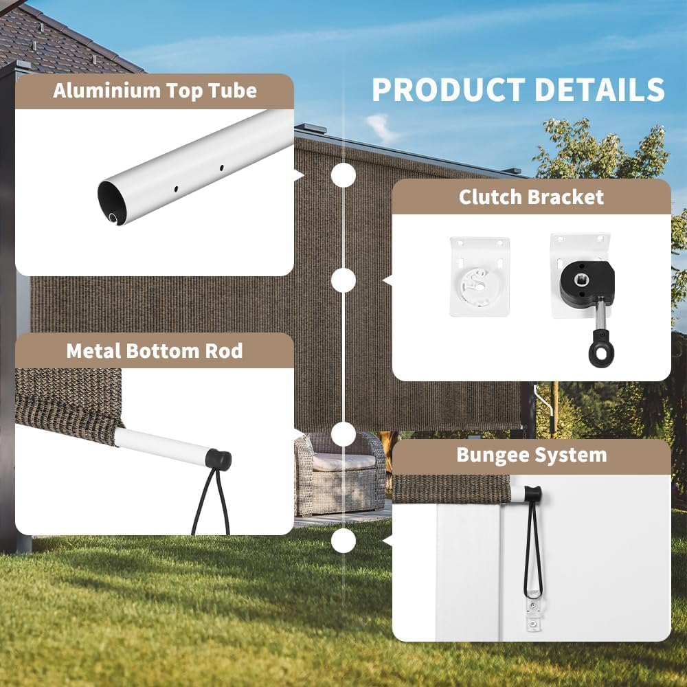 Outdoor Roller Shade 4' W x 6' L Cordless Patio Shades Roll Up Outdoors Blinds with UV Protection, Exterior Roller Shades Cloth for Porch Pergola, Mocha