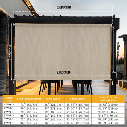Outdoor Roller Shades，Cordless Patio Roller Up Blinds with Shade Cloth for Porch Gazebo Pergola Balcony Backyard，2 Poles & 1 Fabric，Sesame，96" Wx72 H