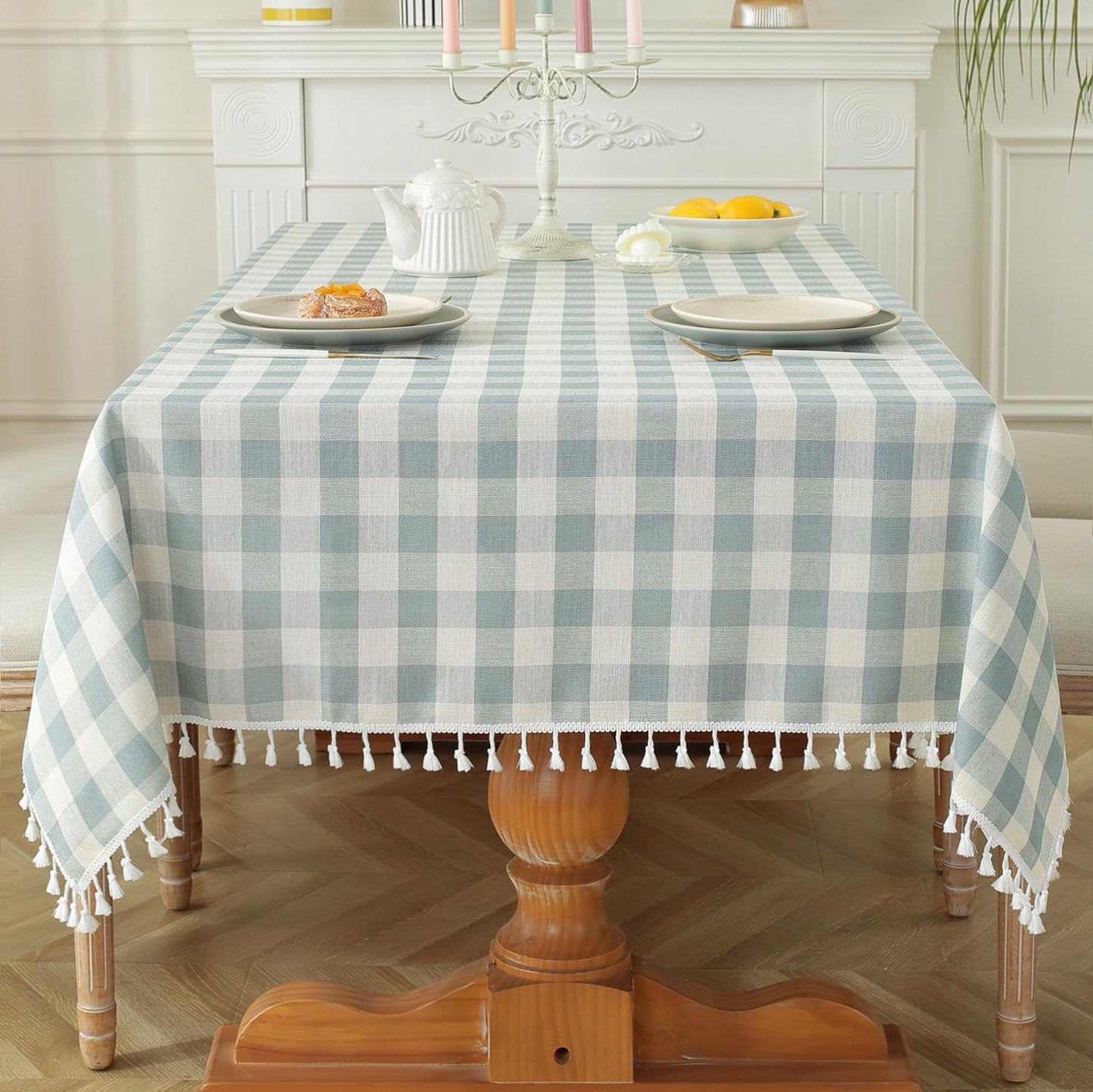Laolitou Checkered Tablecloth Rectangle Washable Buffalo Plaid Table Cloth with Tassel Cotton Linen Gingham Table Cover for Picnic Kitchen Dining Room, Beige, 102 Inch