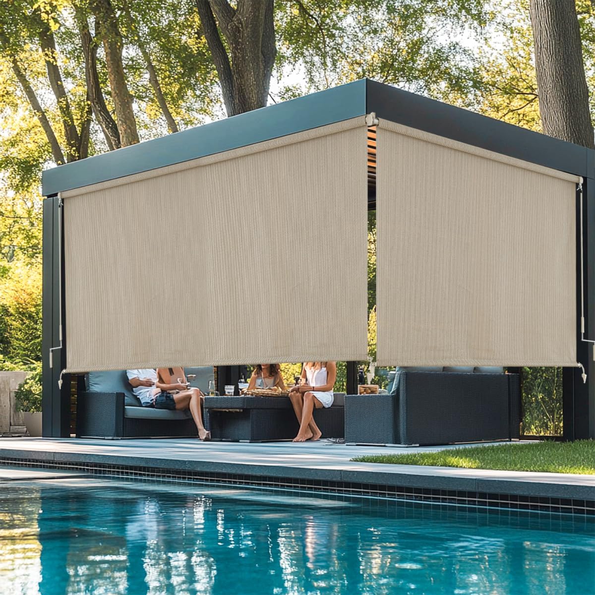 Outdoor Roller Shades，Cordless Patio Roller Up Blinds with Shade Cloth for Porch Gazebo Pergola Balcony Backyard，2 Poles & 1 Fabric，Sesame，96" Wx72 H