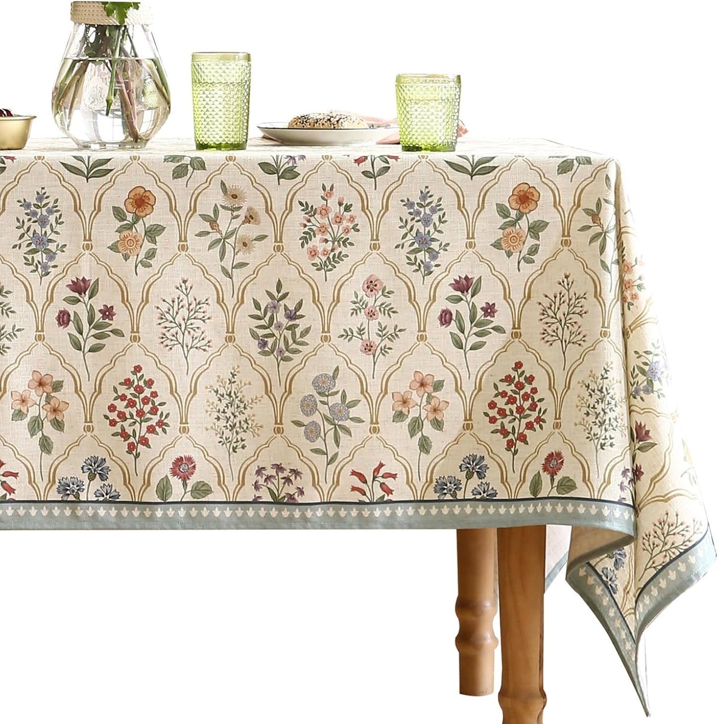 ISAENNE Designer French Light Beige Extra Long Rectangle Tablecloth,Linen Florals and Birds Pattern Table Cloth,Durable Decorative Tablecloths for Dining Thanksgiving Kitchen,67"*118"-Cornucopia