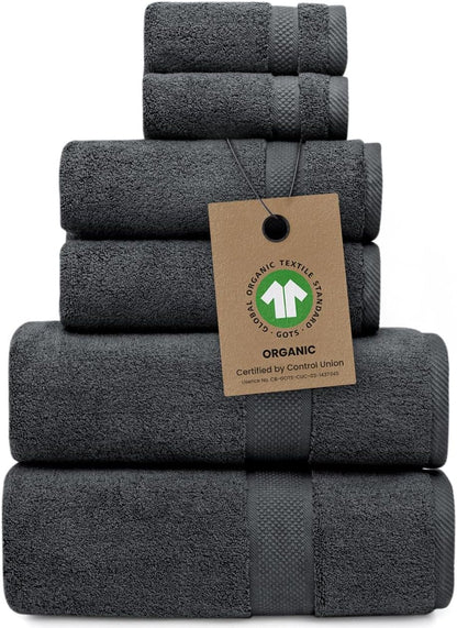 100% Organic Zero-Twist Cotton Towels - GOTS Certified Luxury Bath Towels - Ultra Soft & Plush 700GSM Long-Staple Cotton - 6 Piece Towel Set (White)