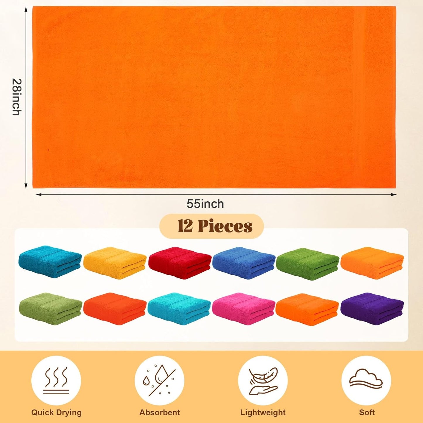 Newwiee Set of 12 Bath Towels Bulk - 28 x 55 Inch Large Cotton Towels in 12 Colors, Soft Quick-Dry Lightweight Bathroom Towel for Home Pool Beach Spa Hotel Gym Use(12 Colors)