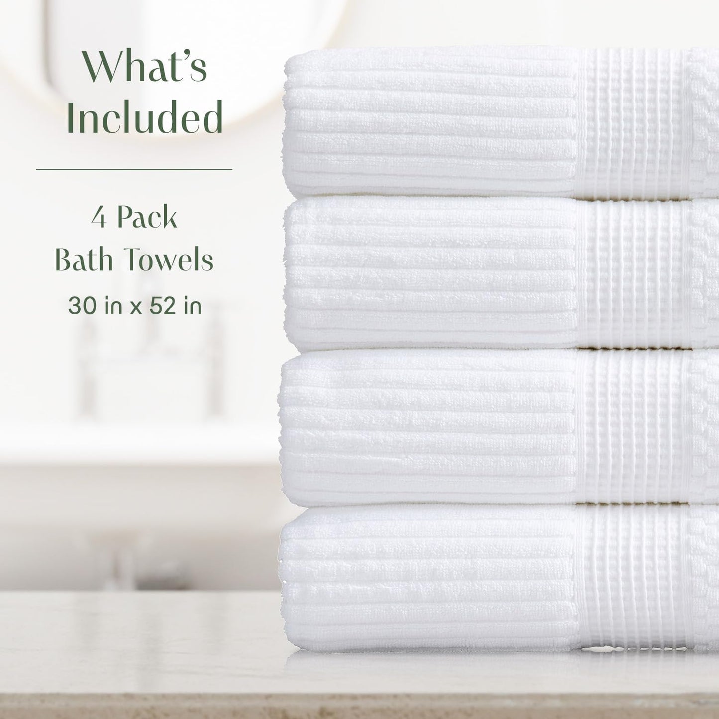 Springtree Home 100% Cotton Bath Towel Set of 4 | Super Soft & Absorbent with Quick-Dry Fibers | 4 Bath Towels | Textured and Durable Cotton | Krista Collection - Bright White