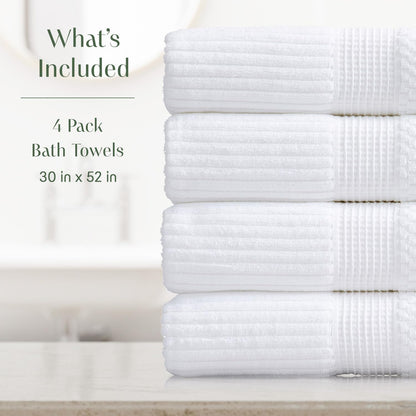 Springtree Home 100% Cotton Bath Towel Set of 4 | Super Soft & Absorbent with Quick-Dry Fibers | 4 Bath Towels | Textured and Durable Cotton | Krista Collection - Bright White