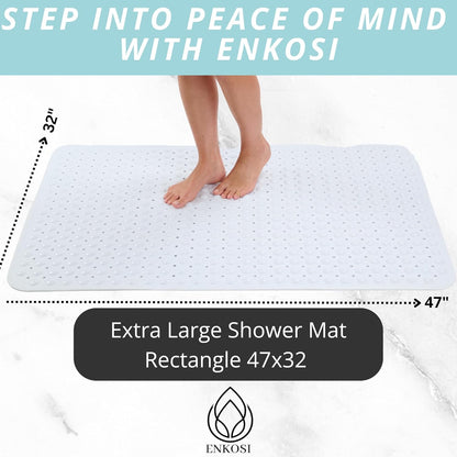 ENKOSI Extra Large Shower Mat Non Slip - 47 x 32 inch - XL Bathroom Shower Mat - Large Shower Matts for Shower Stall Floors - Secure Suction Cups and Drain Holes (47x32 White)