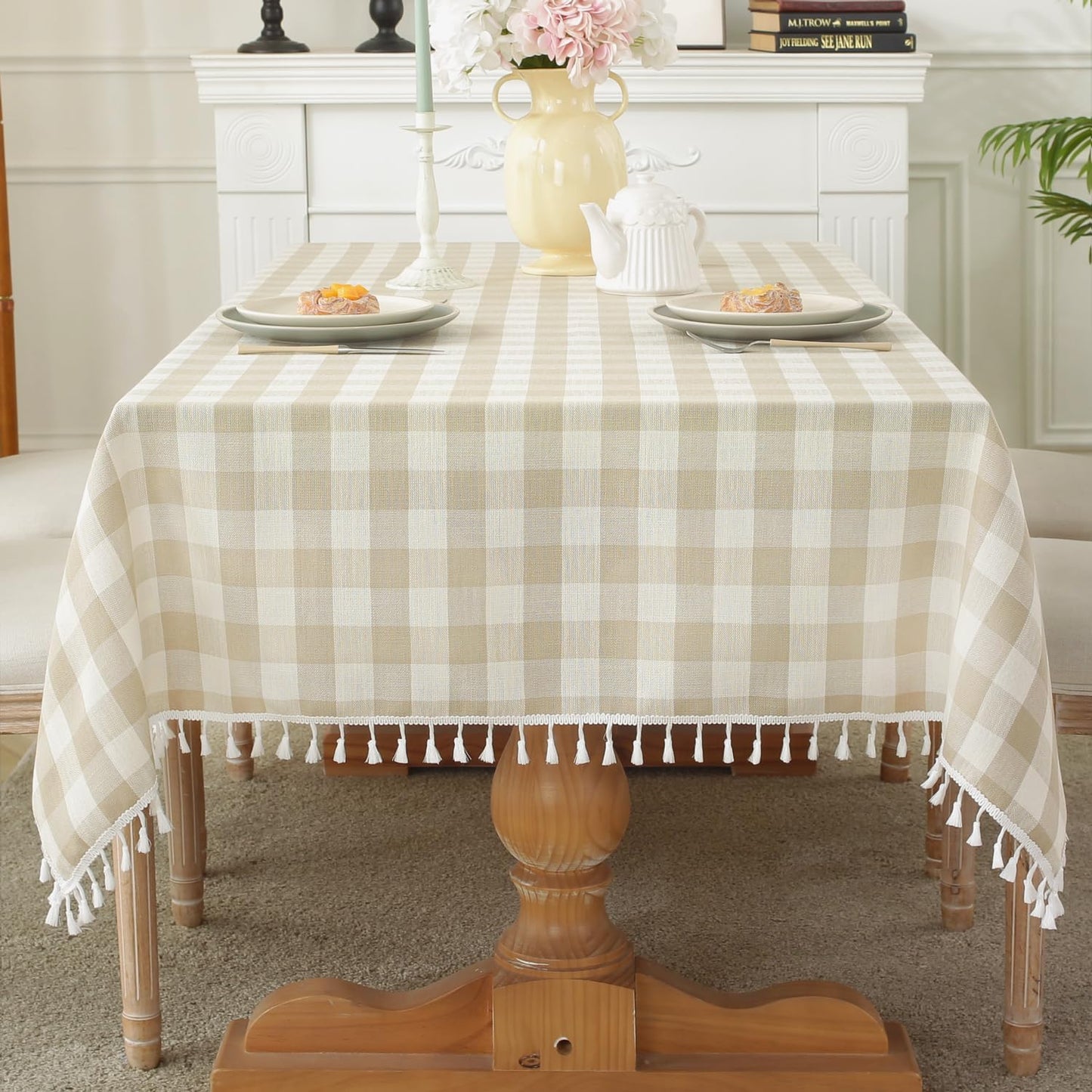 Laolitou Checkered Tablecloth Rectangle Washable Buffalo Plaid Table Cloth with Tassel Cotton Linen Gingham Table Cover for Picnic Kitchen Dining Room, Beige, 102 Inch