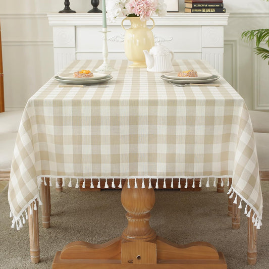 Laolitou Checkered Tablecloth Rectangle Washable Buffalo Plaid Table Cloth with Tassel Cotton Linen Gingham Table Cover for Picnic Kitchen Dining Room, Beige, 102 Inch