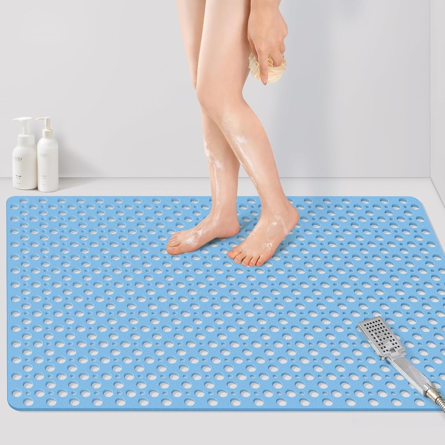 Yolife Extra Large Shower Mat 47x32 inch, Non Slip Shower Mat for Inside Shower with Drain Holes and Suction Cups for Bathroom, No Odor TPE Shower Floor Mat,White