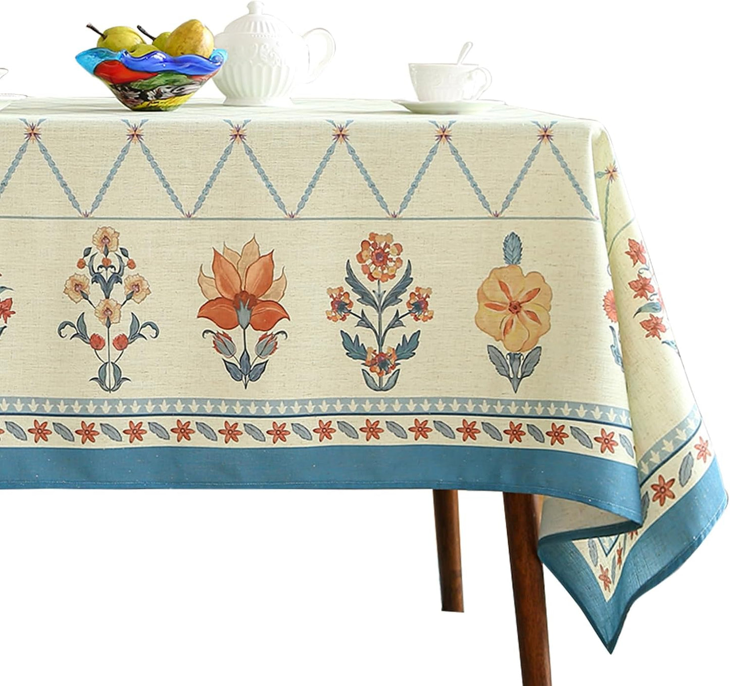ISAENNE Designer French Light Beige Extra Long Rectangle Tablecloth,Linen Florals and Birds Pattern Table Cloth,Durable Decorative Tablecloths for Dining Thanksgiving Kitchen,67"*118"-Cornucopia