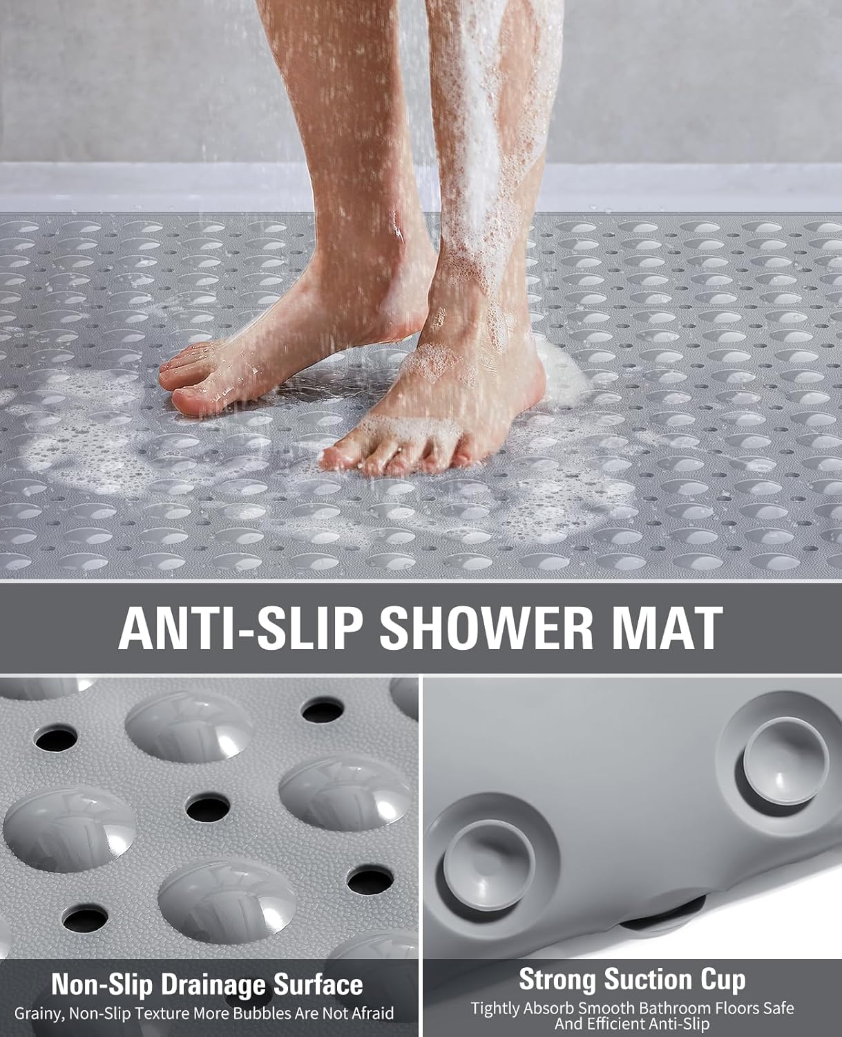 Yolife Extra Large TPE Shower Mat, 47.2" L x 31.5" W Anti Slip Bath Mat with Drain Holes and Suction Cups, Large Size Mat More Suitable for Shower Stall, No Odor, Heavy Mat
