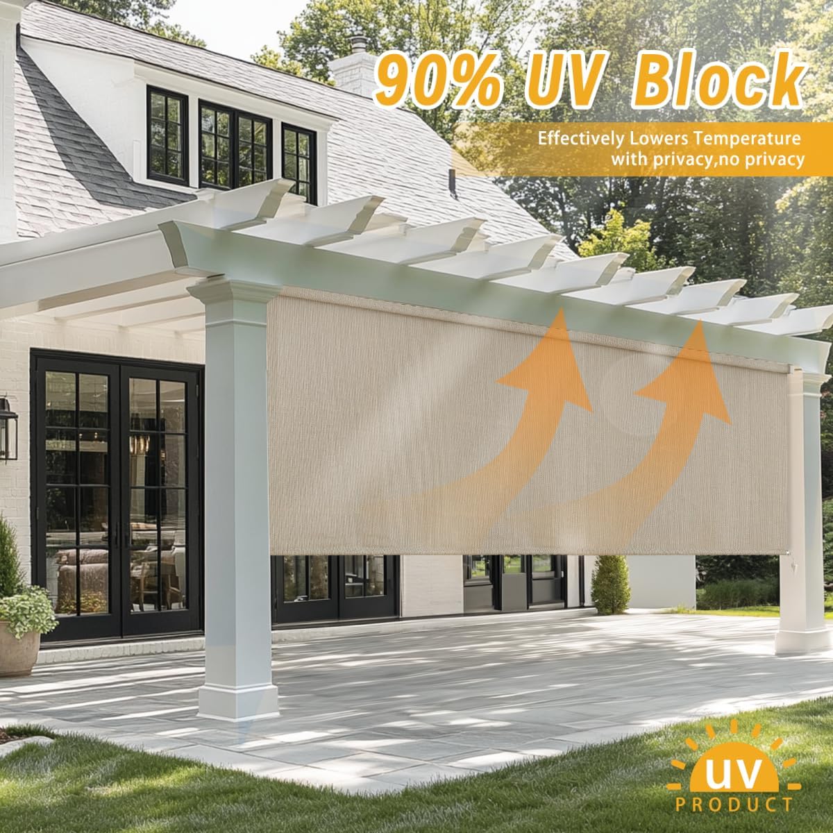 Outdoor Roller Shades，Cordless Patio Roller Up Blinds with Shade Cloth for Porch Gazebo Pergola Balcony Backyard，2 Poles & 1 Fabric，Sesame，96" Wx72 H