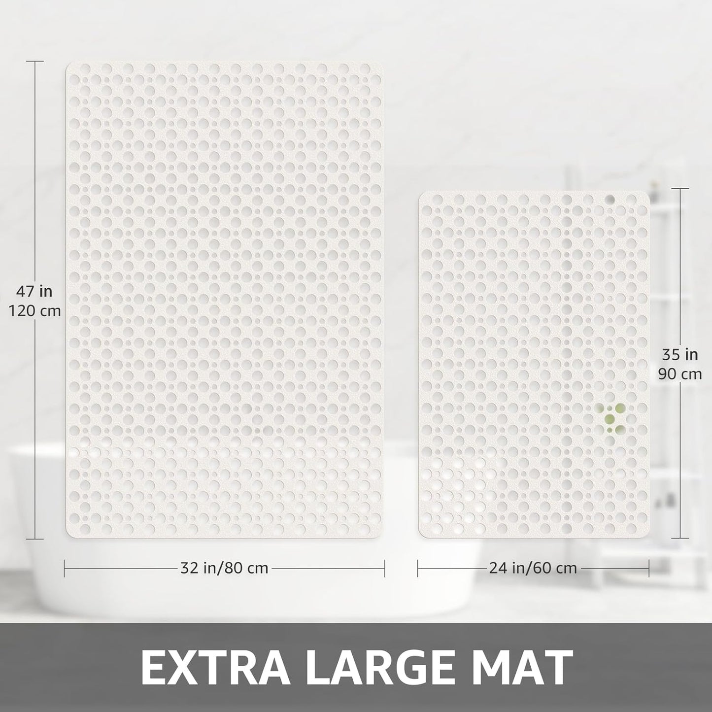 Yolife Extra Large Shower Mat 47x32 inch, Non Slip Shower Mat for Inside Shower with Drain Holes and Suction Cups for Bathroom, No Odor TPE Shower Floor Mat,White