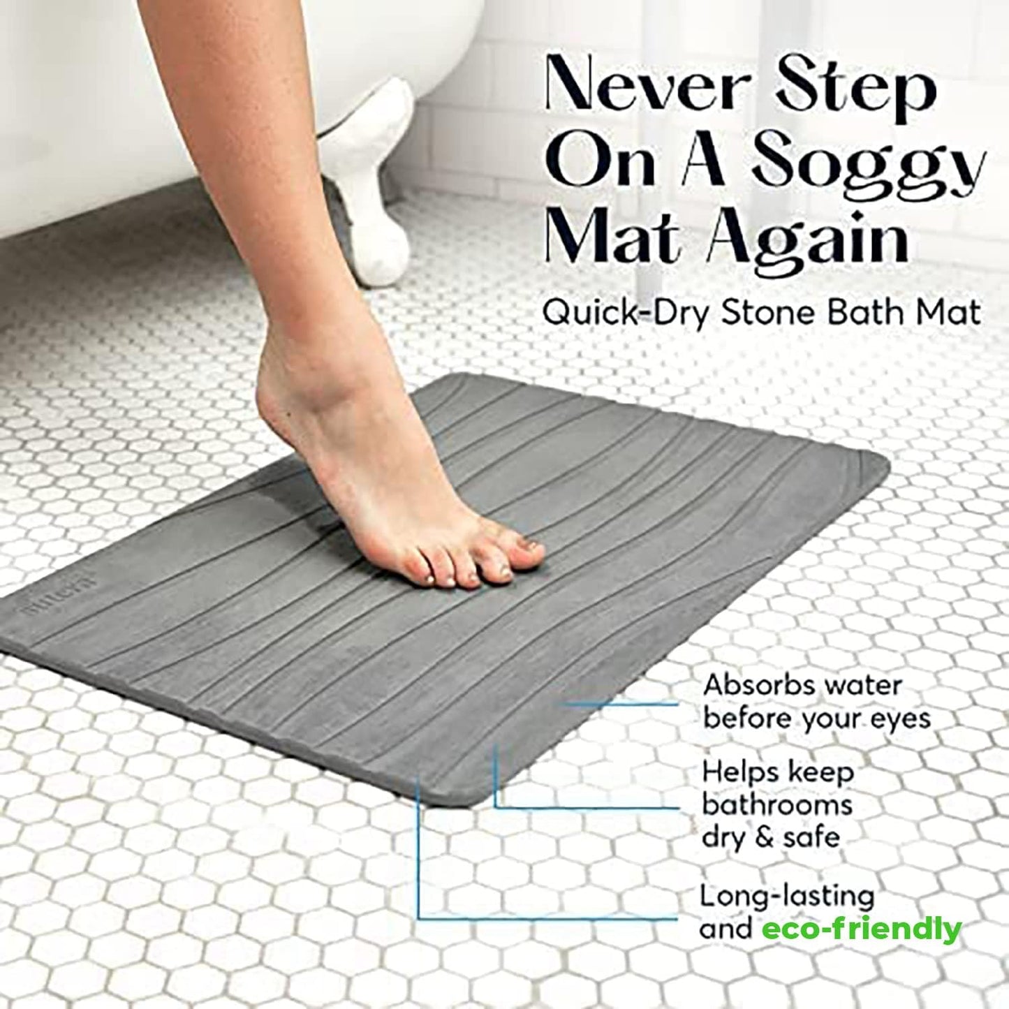 SUTERA Diatomaceous Stone Bathmat | Ultra-Absorbent, Quick-Drying Bath Mat | Slip-Resistant Surface for Safer Bathrooms | Charcoal Grey Finish | 23.5" x 15" (1 Pack)