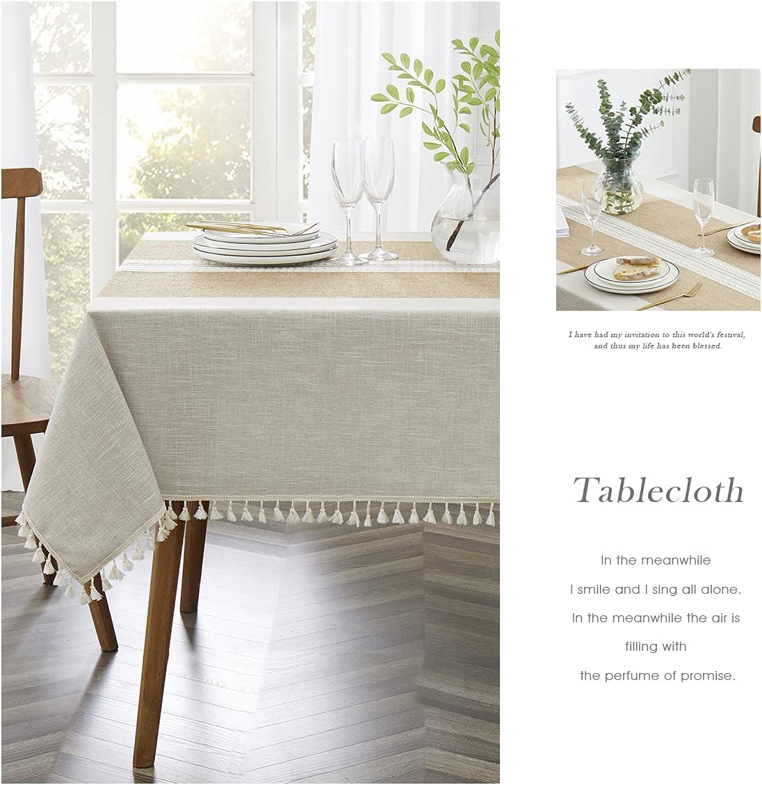 QIANQUHUI Embroidered Tablecloth for Dining Table,Dust Proof Spillproof Soil Resistant Cotton Linen Rectangle Table Cloths (Coffee, Rectangle/Oblong, 55'x102'', 8-10 Seats)