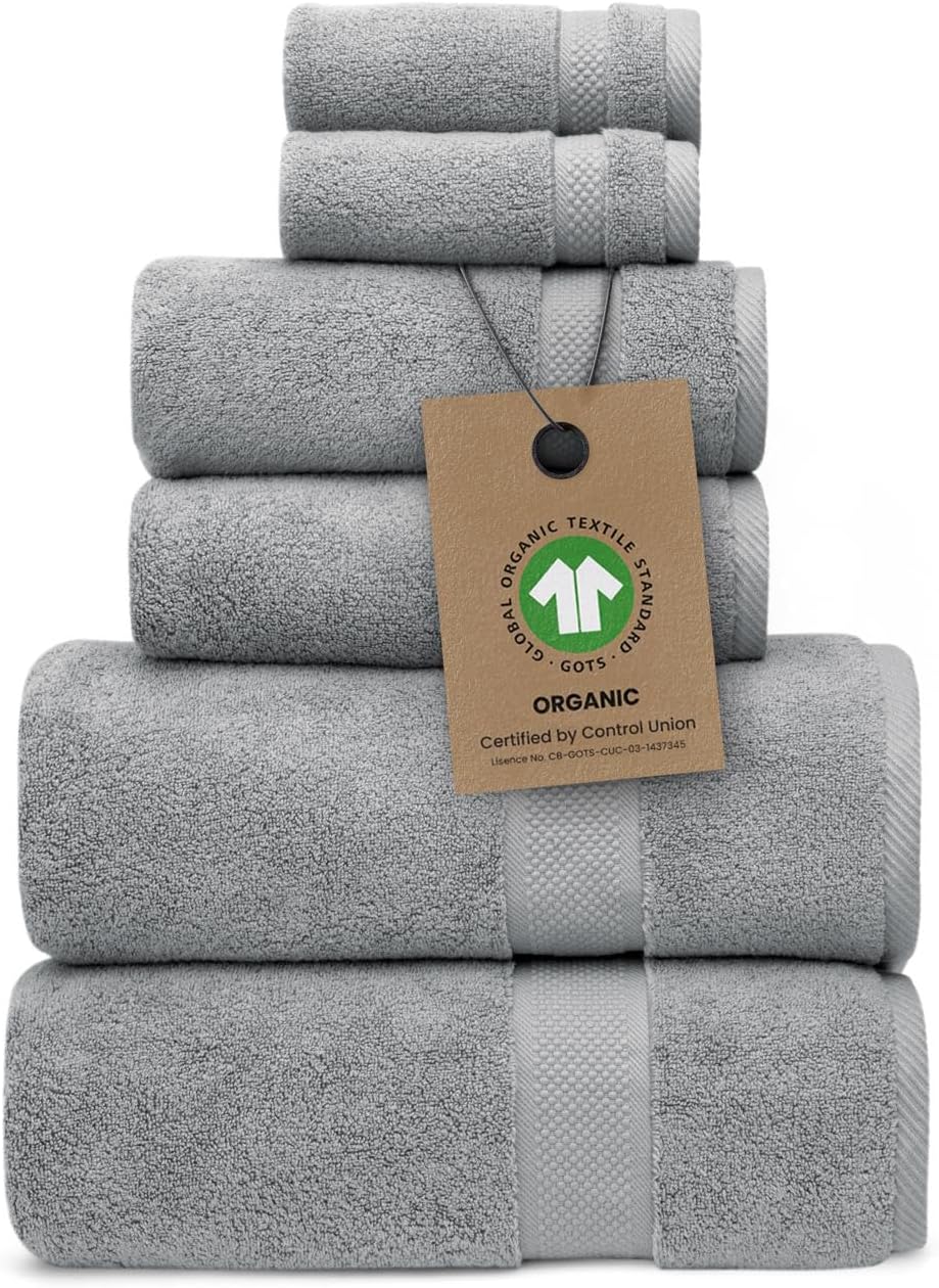 100% Organic Zero-Twist Cotton Towels - GOTS Certified Luxury Bath Towels - Ultra Soft & Plush 700GSM Long-Staple Cotton - 6 Piece Towel Set (White)