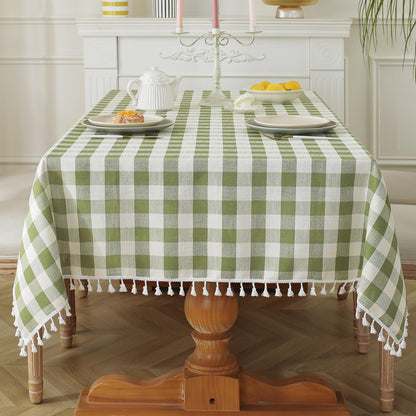 Laolitou Checkered Tablecloth Rectangle Washable Buffalo Plaid Table Cloth with Tassel Cotton Linen Gingham Table Cover for Picnic Kitchen Dining Room, Beige, 102 Inch
