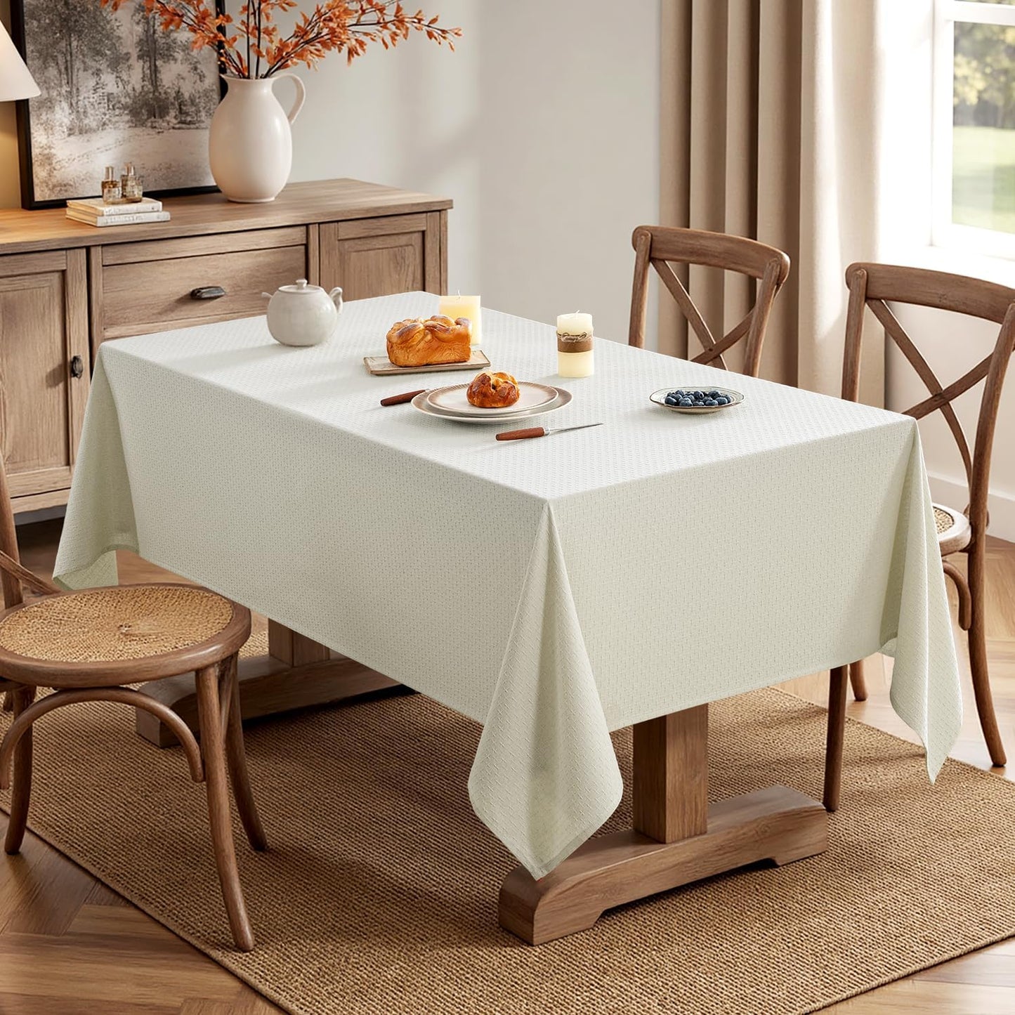 MIULEE Ivory Linen Cottton Table Cloth Rectangle Tablecloth Waterproof Spillproof Cross-Star Textured Table Cltoth Decorative Farmhouse Style for Dining Party Weddings 60x120 Inch