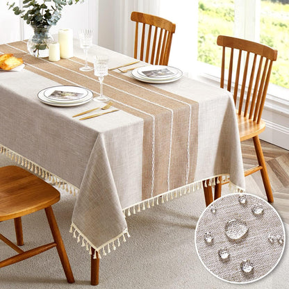 QIANQUHUI Embroidered Tablecloth for Dining Table,Dust Proof Spillproof Soil Resistant Cotton Linen Rectangle Table Cloths (Coffee, Rectangle/Oblong, 55'x102'', 8-10 Seats)