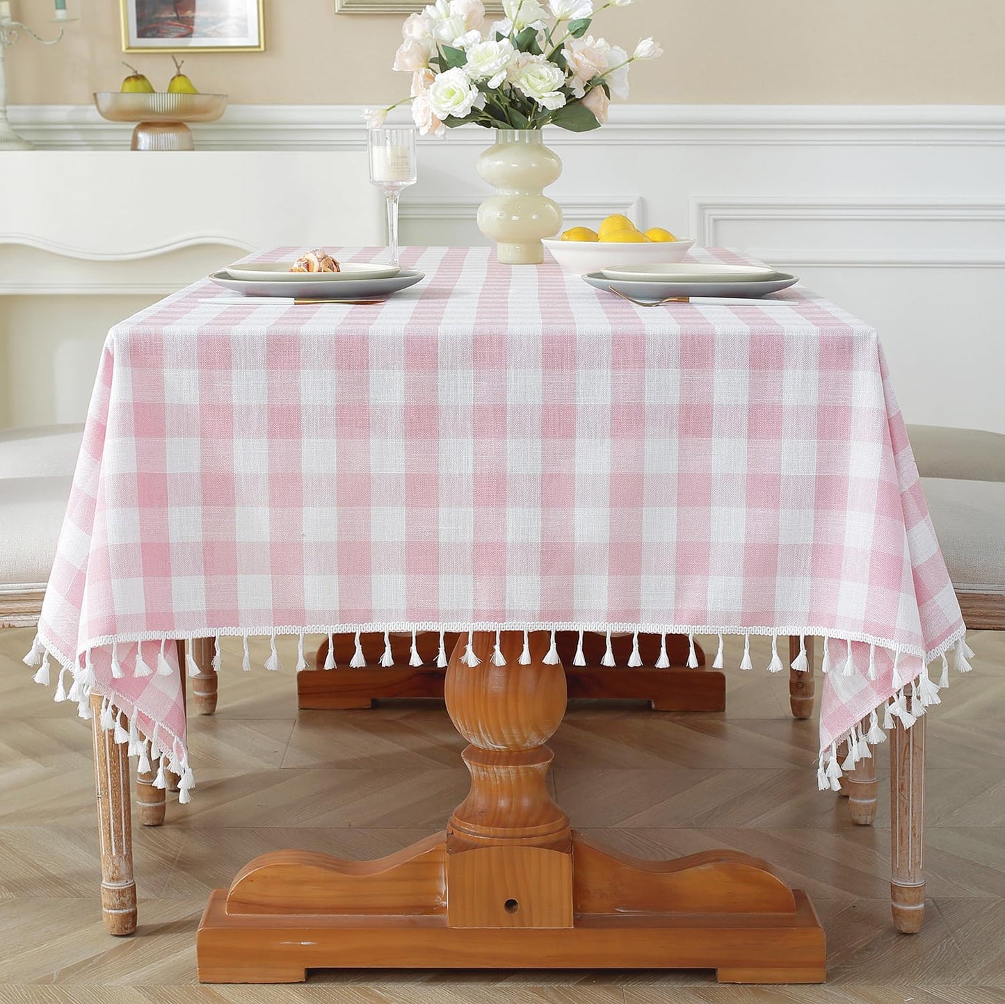 Laolitou Checkered Tablecloth Rectangle Washable Buffalo Plaid Table Cloth with Tassel Cotton Linen Gingham Table Cover for Picnic Kitchen Dining Room, Beige, 102 Inch