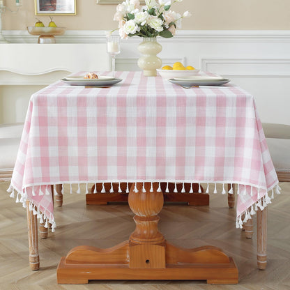 Laolitou Checkered Tablecloth Rectangle Washable Buffalo Plaid Table Cloth with Tassel Cotton Linen Gingham Table Cover for Picnic Kitchen Dining Room, Beige, 102 Inch