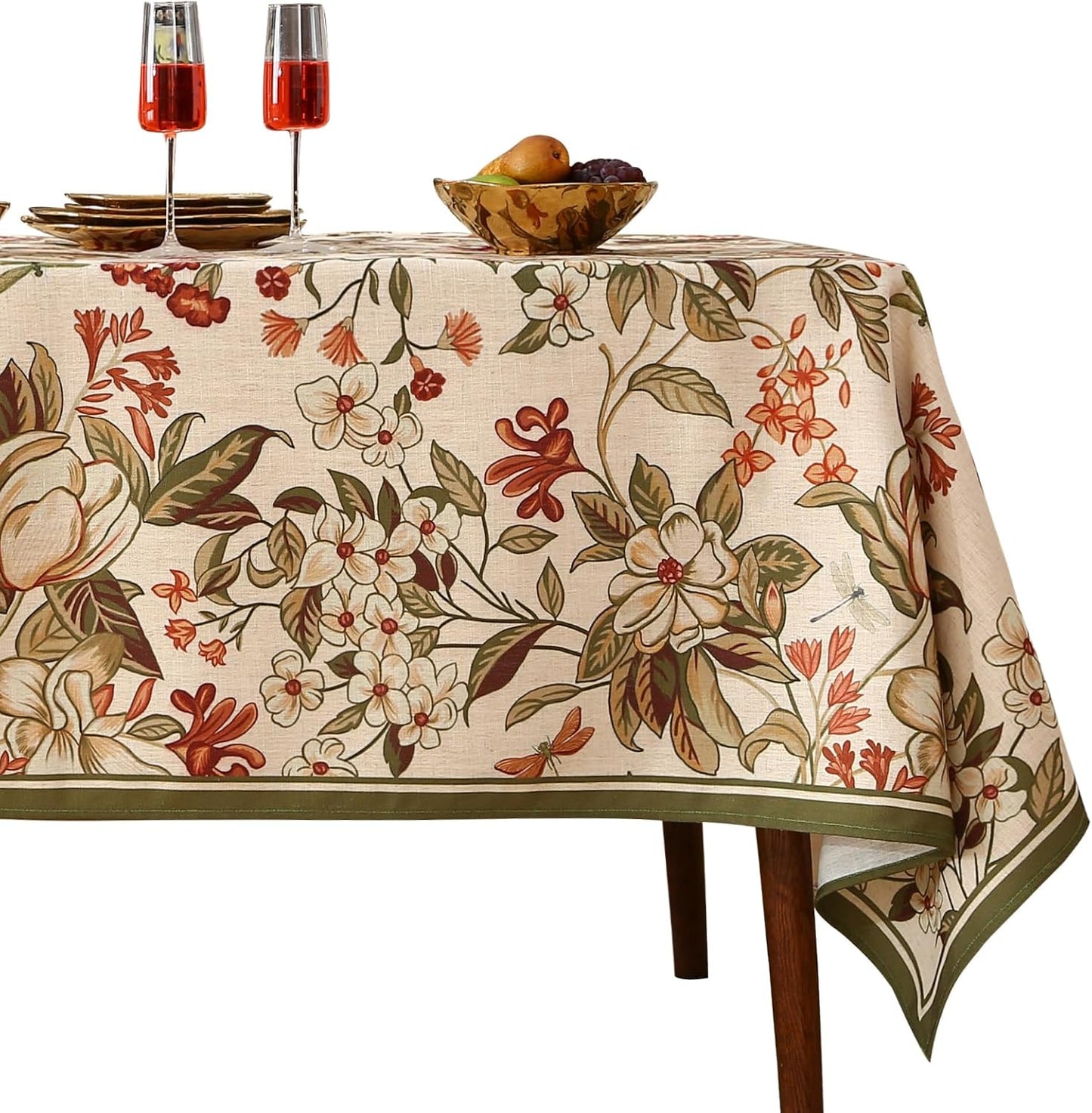 ISAENNE Designer French Light Beige Extra Long Rectangle Tablecloth,Linen Florals and Birds Pattern Table Cloth,Durable Decorative Tablecloths for Dining Thanksgiving Kitchen,67"*118"-Cornucopia