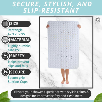 ENKOSI Extra Large Shower Mat Non Slip - 47 x 32 inch - XL Bathroom Shower Mat - Large Shower Matts for Shower Stall Floors - Secure Suction Cups and Drain Holes (47x32 White)