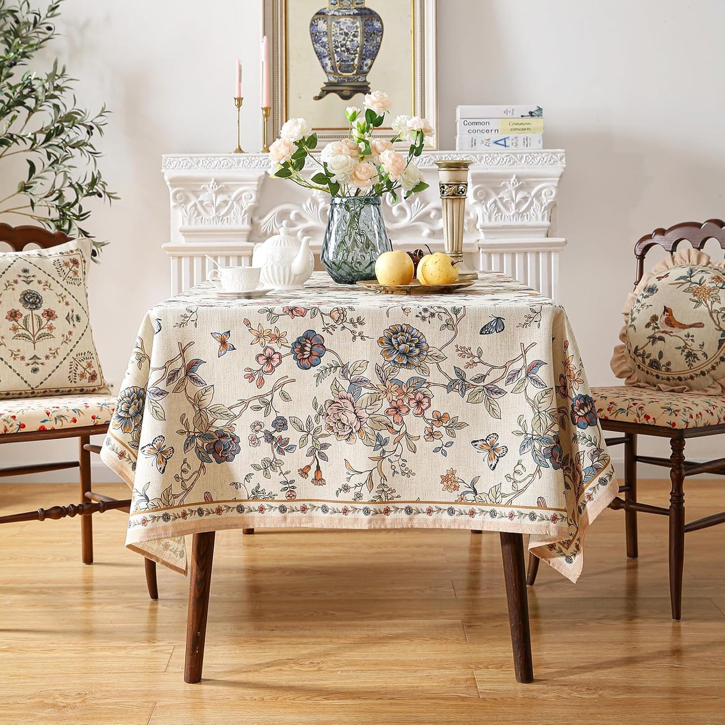 ISAENNE Designer French Light Beige Extra Long Rectangle Tablecloth,Linen Florals and Birds Pattern Table Cloth,Durable Decorative Tablecloths for Dining Thanksgiving Kitchen,67"*118"-Cornucopia