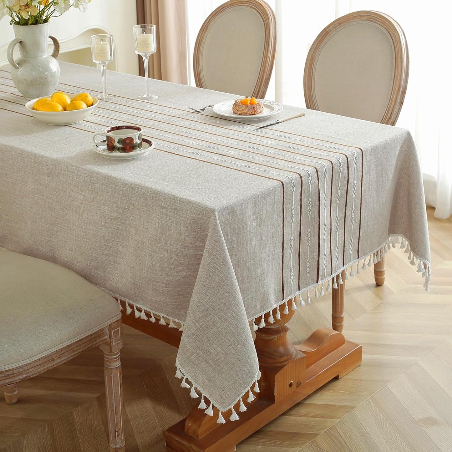 JIALE Tablecloths for Rectangle Tables,Cotton Linen Table Cloth Waterproof Tablecloth Wrinkle Free Farmhouse Dining Tables Cover,Soft Fabric Table Cloths with Tassels,Grey,55" X 120",10-12 Seats