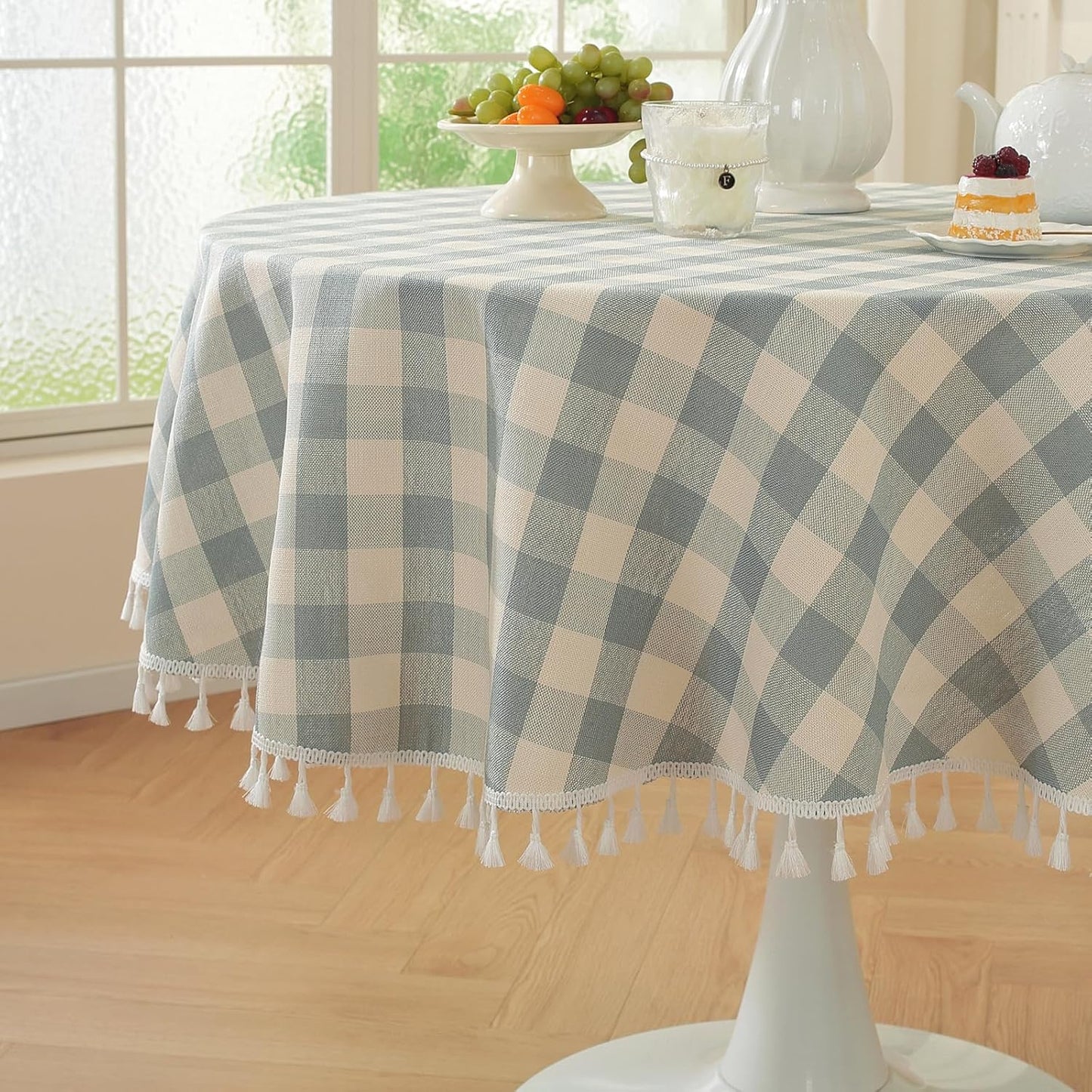 Laolitou Checkered Tablecloth Rectangle Washable Buffalo Plaid Table Cloth with Tassel Cotton Linen Gingham Table Cover for Picnic Kitchen Dining Room, Beige, 102 Inch