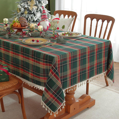 Laolitou Checkered Tablecloth Rectangle Washable Buffalo Plaid Table Cloth with Tassel Cotton Linen Gingham Table Cover for Picnic Kitchen Dining Room, Beige, 102 Inch