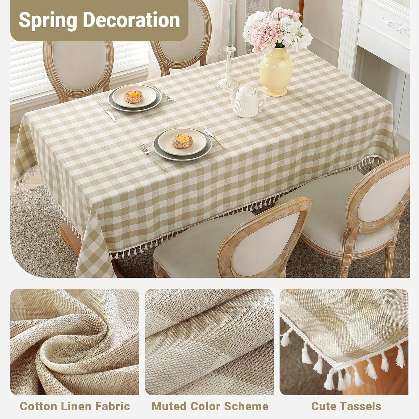 Laolitou Checkered Tablecloth Rectangle Washable Buffalo Plaid Table Cloth with Tassel Cotton Linen Gingham Table Cover for Picnic Kitchen Dining Room, Beige, 102 Inch