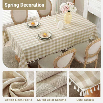 Laolitou Checkered Tablecloth Rectangle Washable Buffalo Plaid Table Cloth with Tassel Cotton Linen Gingham Table Cover for Picnic Kitchen Dining Room, Beige, 102 Inch