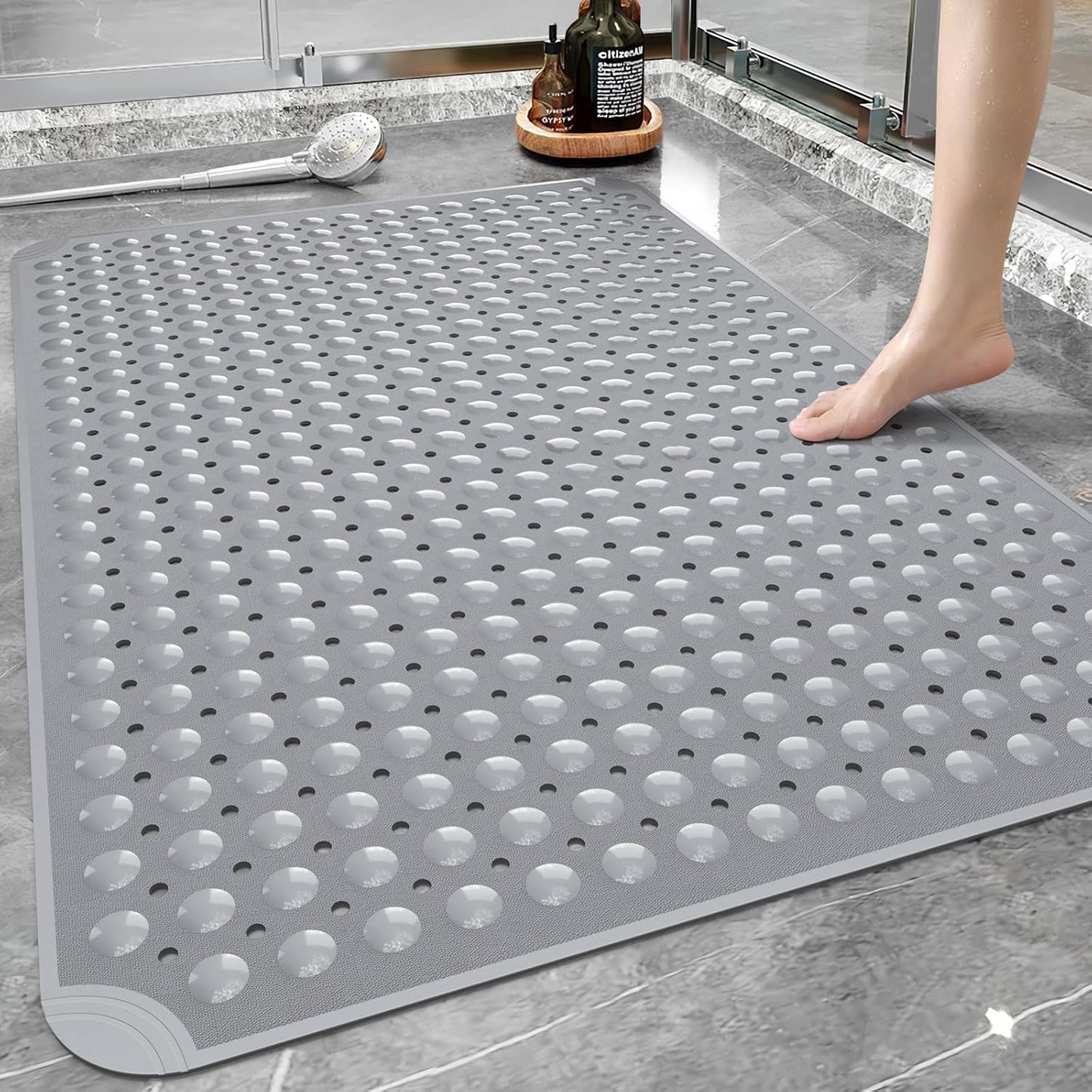 Yolife Extra Large TPE Shower Mat, 47.2" L x 31.5" W Anti Slip Bath Mat with Drain Holes and Suction Cups, Large Size Mat More Suitable for Shower Stall, No Odor, Heavy Mat