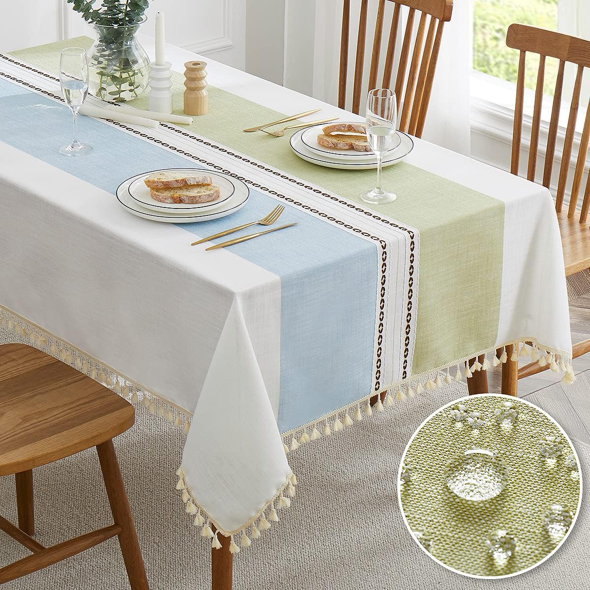 QIANQUHUI Embroidered Tablecloth for Dining Table,Dust Proof Spillproof Soil Resistant Cotton Linen Rectangle Table Cloths (Coffee, Rectangle/Oblong, 55'x102'', 8-10 Seats)
