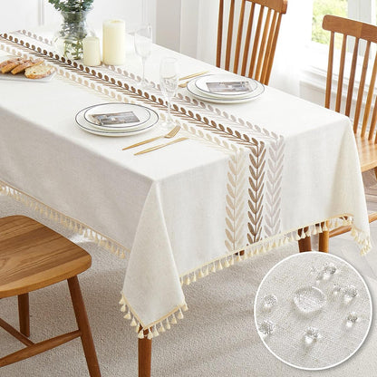 QIANQUHUI Embroidered Tablecloth for Dining Table,Dust Proof Spillproof Soil Resistant Cotton Linen Rectangle Table Cloths (Coffee, Rectangle/Oblong, 55'x102'', 8-10 Seats)