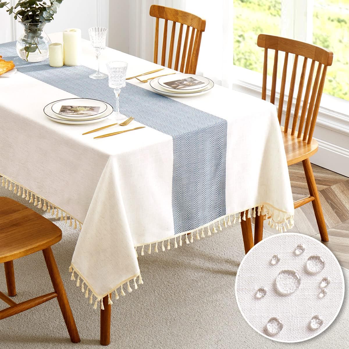 QIANQUHUI Embroidered Tablecloth for Dining Table,Dust Proof Spillproof Soil Resistant Cotton Linen Rectangle Table Cloths (Coffee, Rectangle/Oblong, 55'x102'', 8-10 Seats)