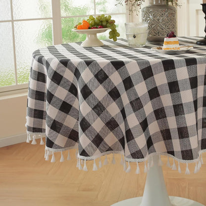 Laolitou Checkered Tablecloth Rectangle Washable Buffalo Plaid Table Cloth with Tassel Cotton Linen Gingham Table Cover for Picnic Kitchen Dining Room, Beige, 102 Inch